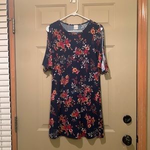 Knit floral navy dress with cut out sleeves
